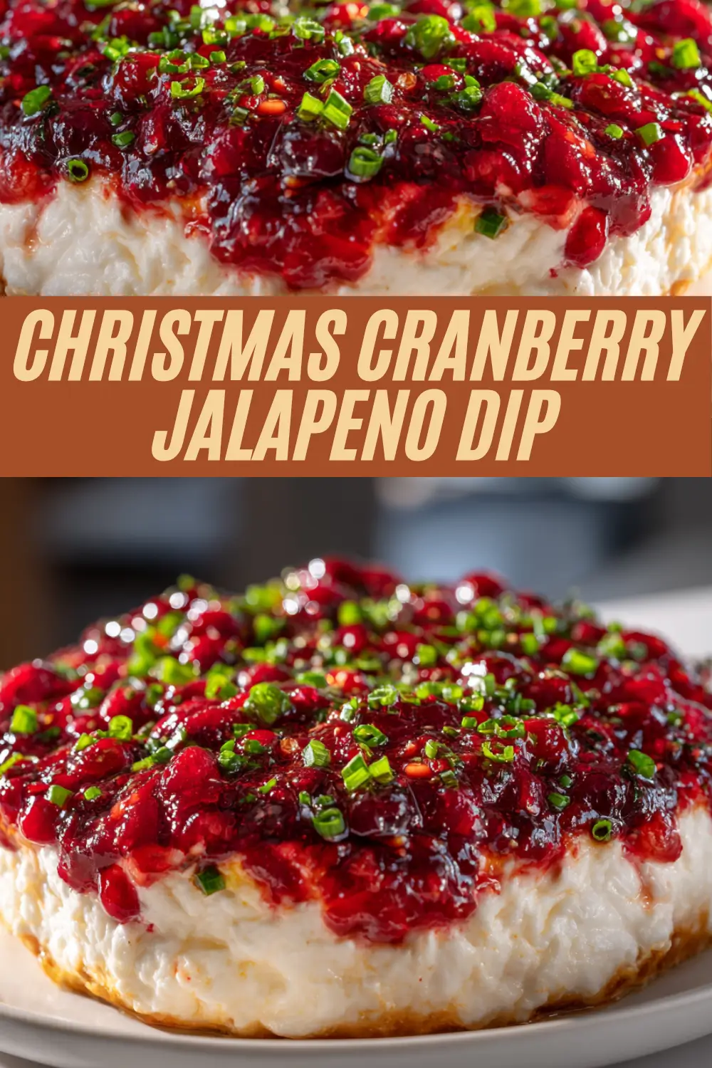 This recipe makes a festive cranberry jalapeno dip with creamy cheese and fresh chives.