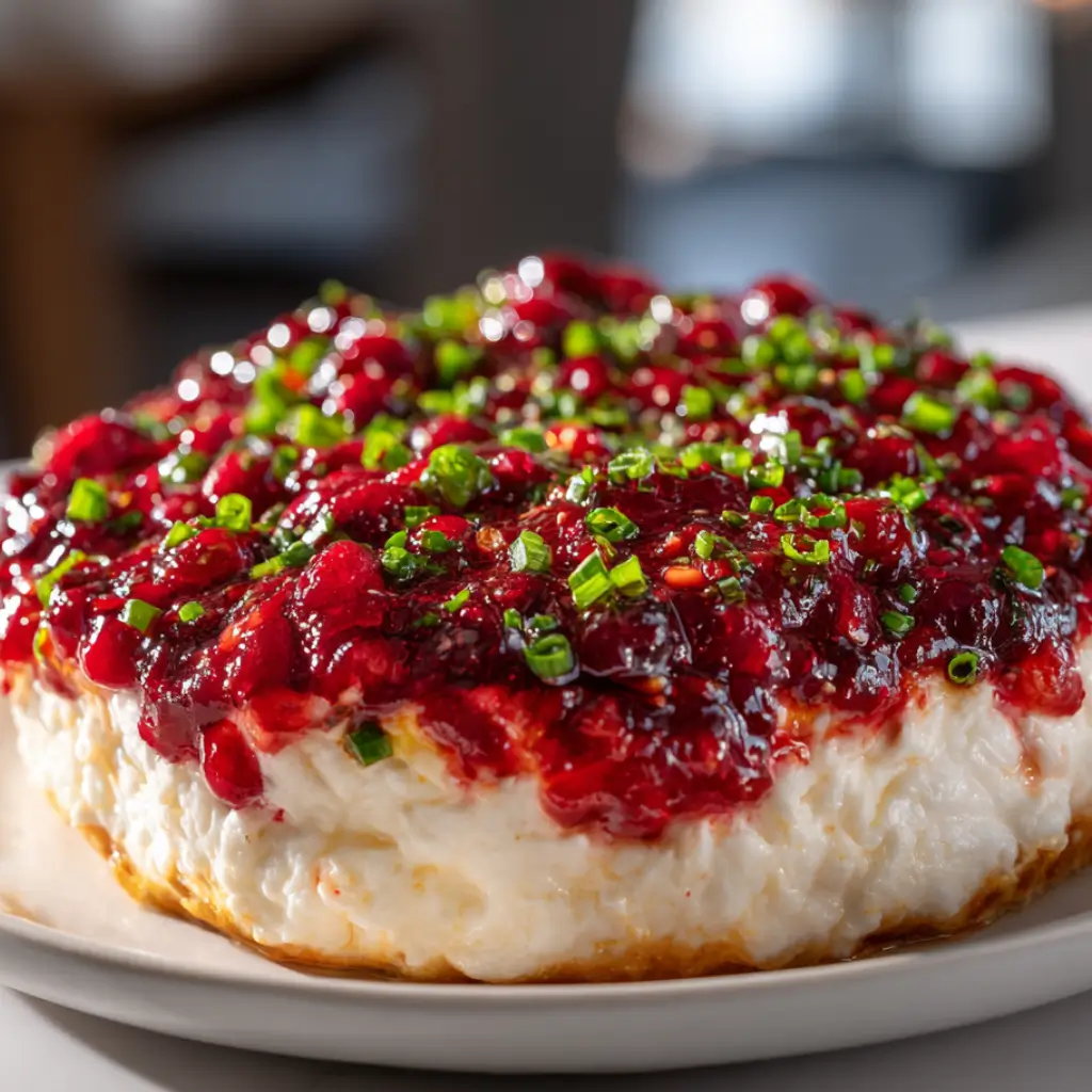 Sweet and spicy cranberry jalapeno dip topped with chives.
