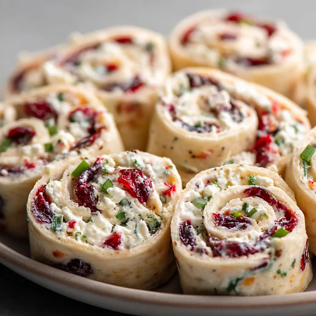 Overhead shot of cranberry roll ups with cream cheese, herbs, and dried cranberries