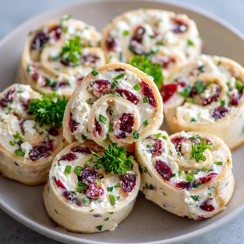 Festive cranberry cream cheese roll ups with herbs and dried cranberries