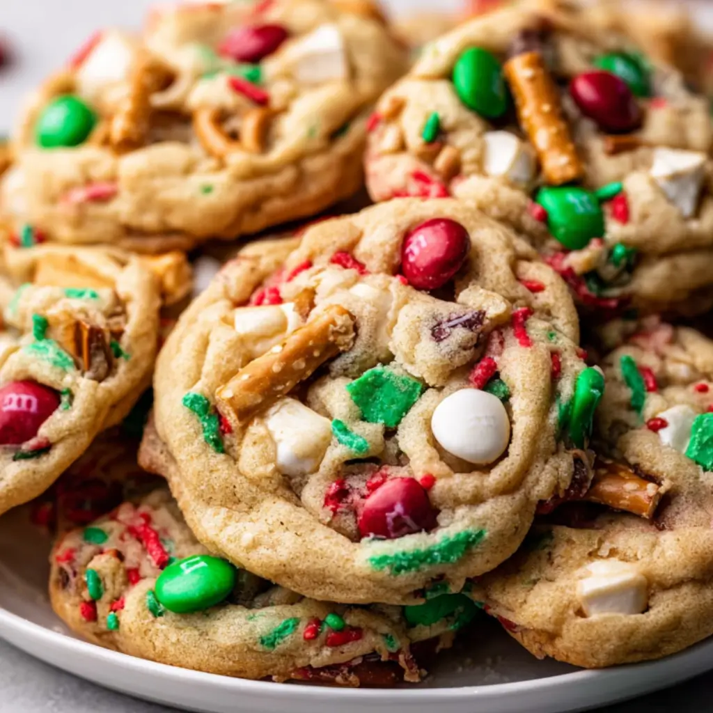 Festive cookies loaded with red and green candies, pretzel pieces, and white chocolate.
