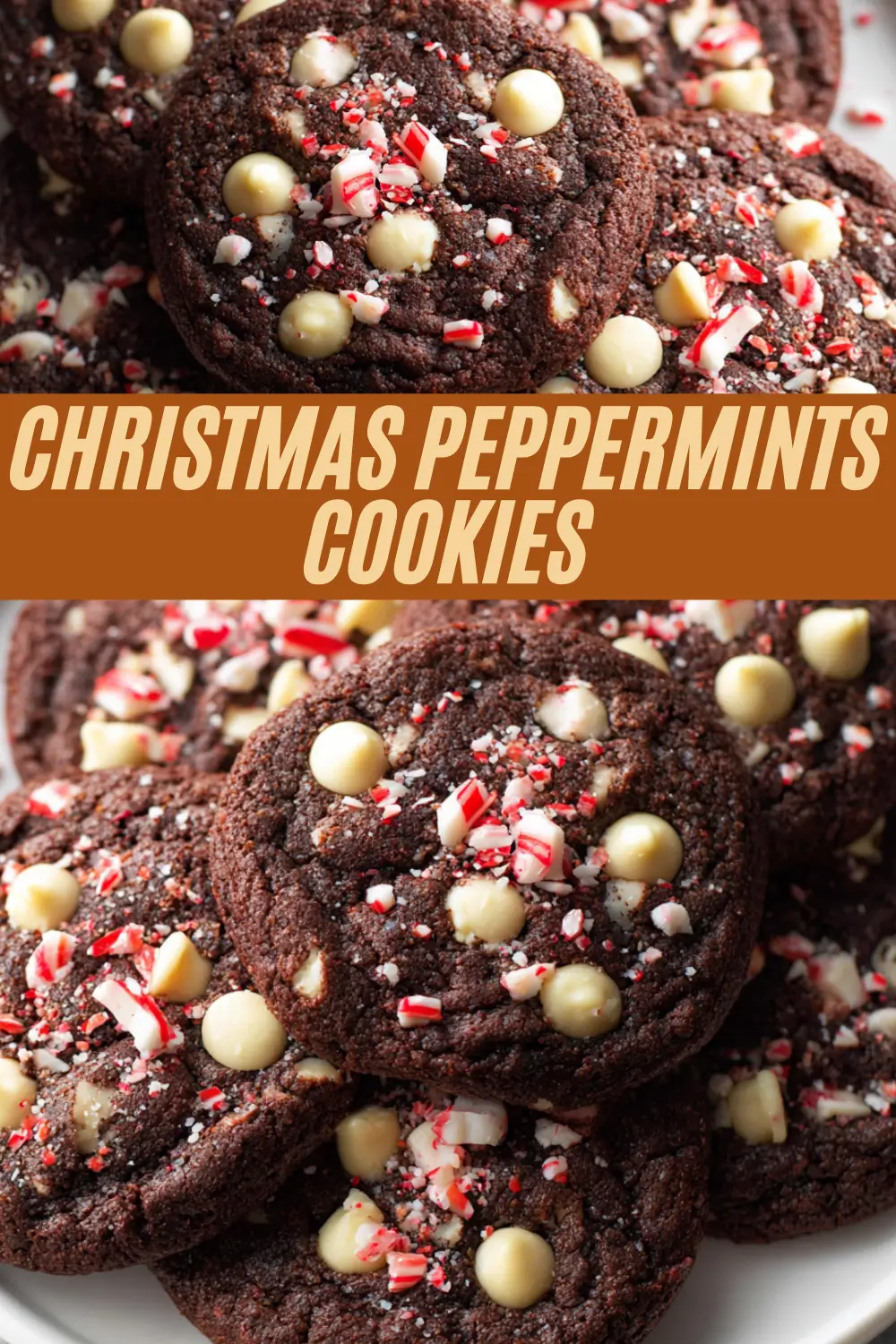 Chewy chocolate peppermint cookies with white chips and crushed candy canes.