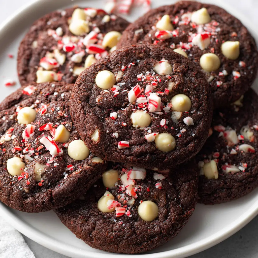 Chocolate peppermint cookies with white chips and crushed candy canes.