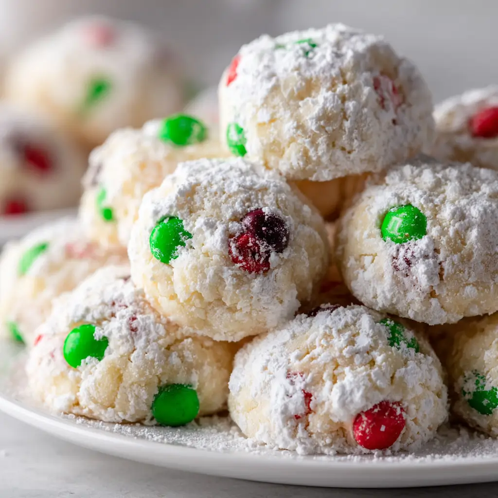 Buttery snowball cookies dusted with powdered sugar and studded with festive red and green candies.