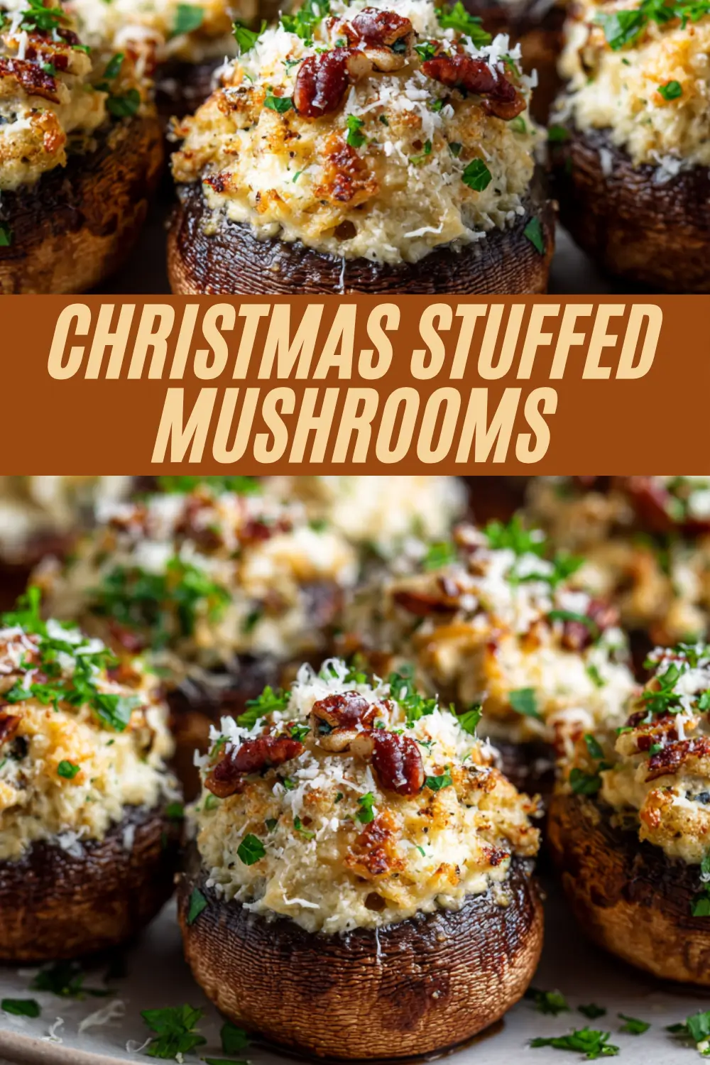 Baked Christmas stuffed mushrooms filled with creamy herb and pecan topping