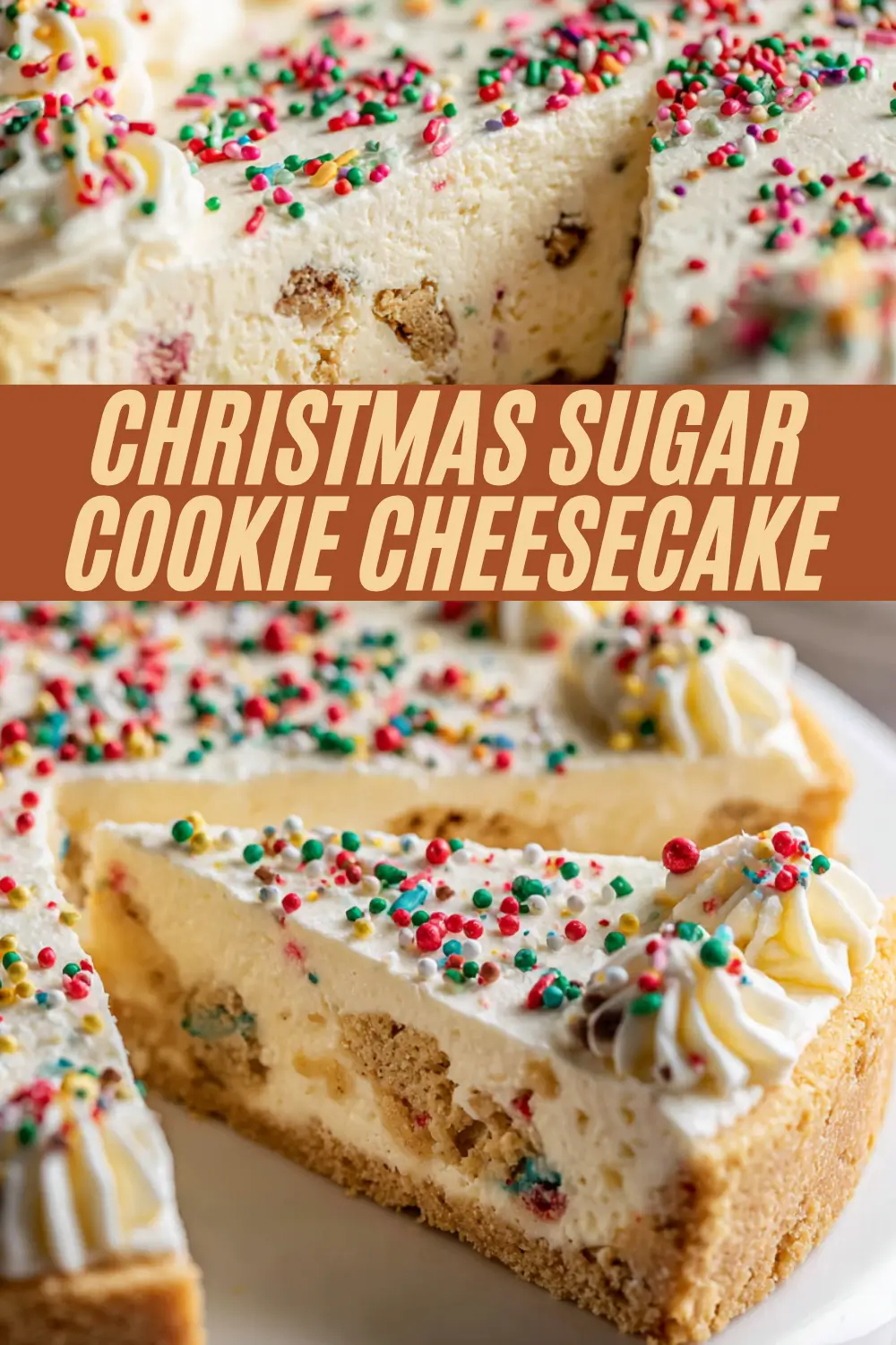 This recipe makes Christmas sugar cookie cheesecake with festive sprinkles and sugar cookie pieces in a creamy filling.