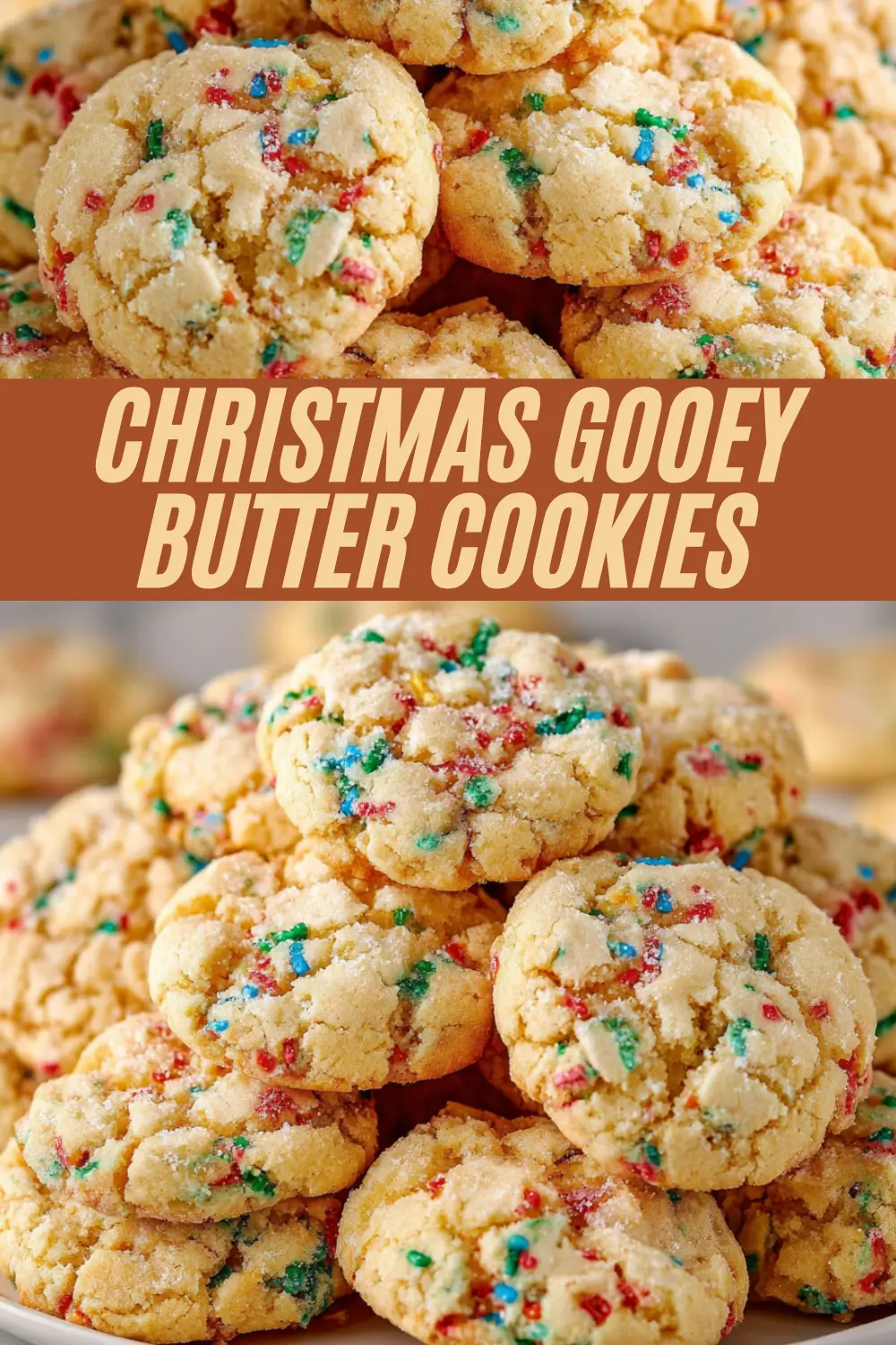 This recipe makes chewy Christmas gooey butter cookies with festive sprinkles and soft sugar coating.