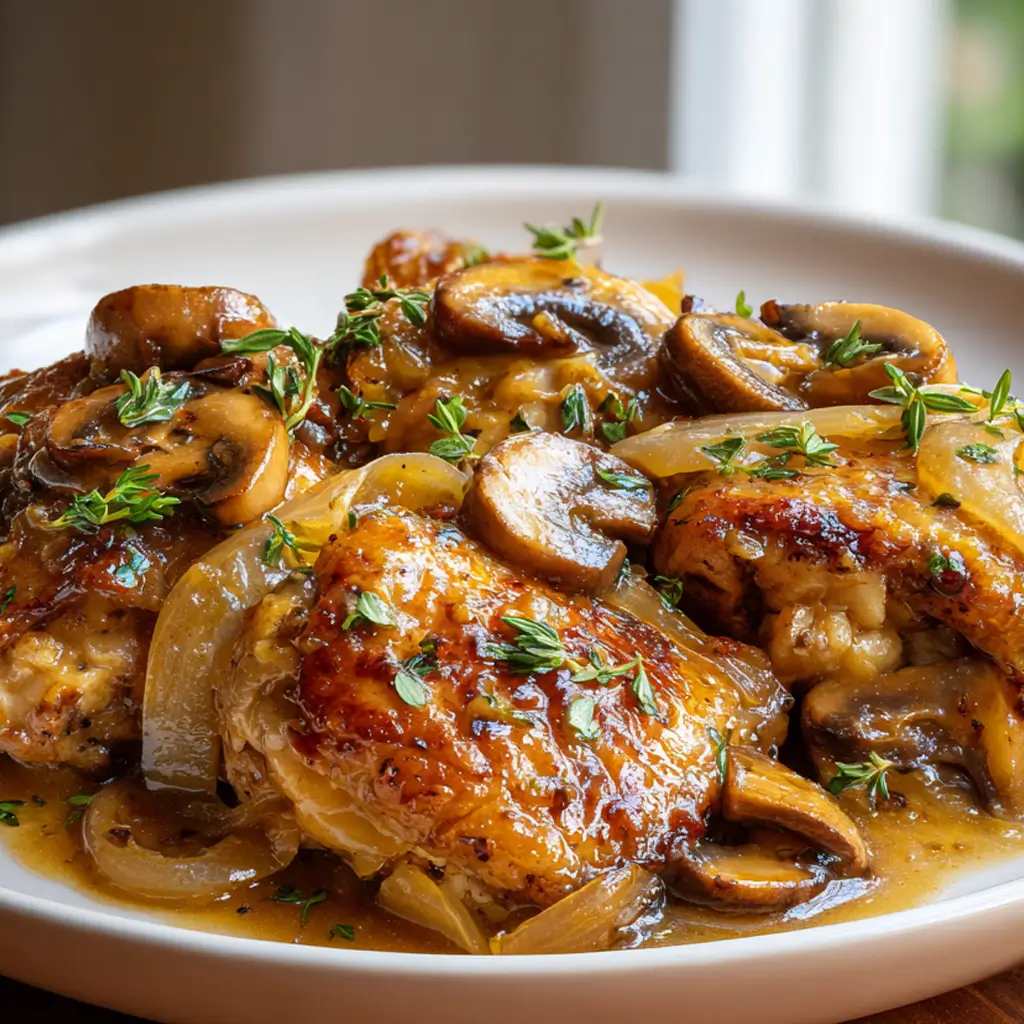 Cider-braised chicken thighs topped with sweet caramelized onions, sautéed mushrooms, and fresh thyme on a white plate.