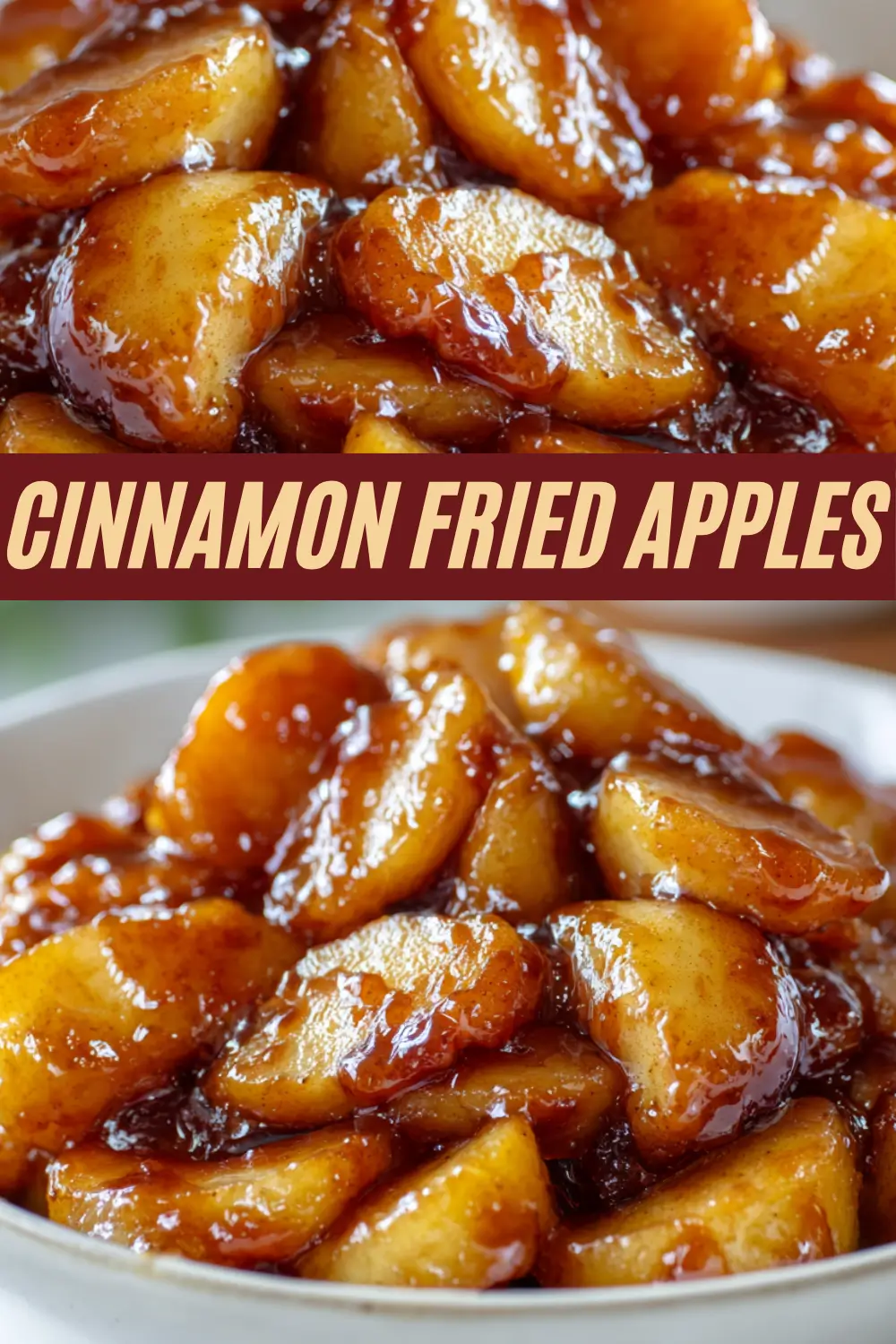 Warm cinnamon fried apples in a glossy brown sugar sauce, served in a white bowl
