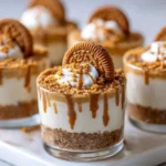 No-bake cookie butter cheesecake cups with a cookie crust, creamy filling, and Biscoff cookie topping.