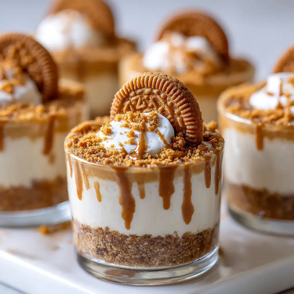 No-bake cookie butter cheesecake cups with a cookie crust, creamy filling, and Biscoff cookie topping.