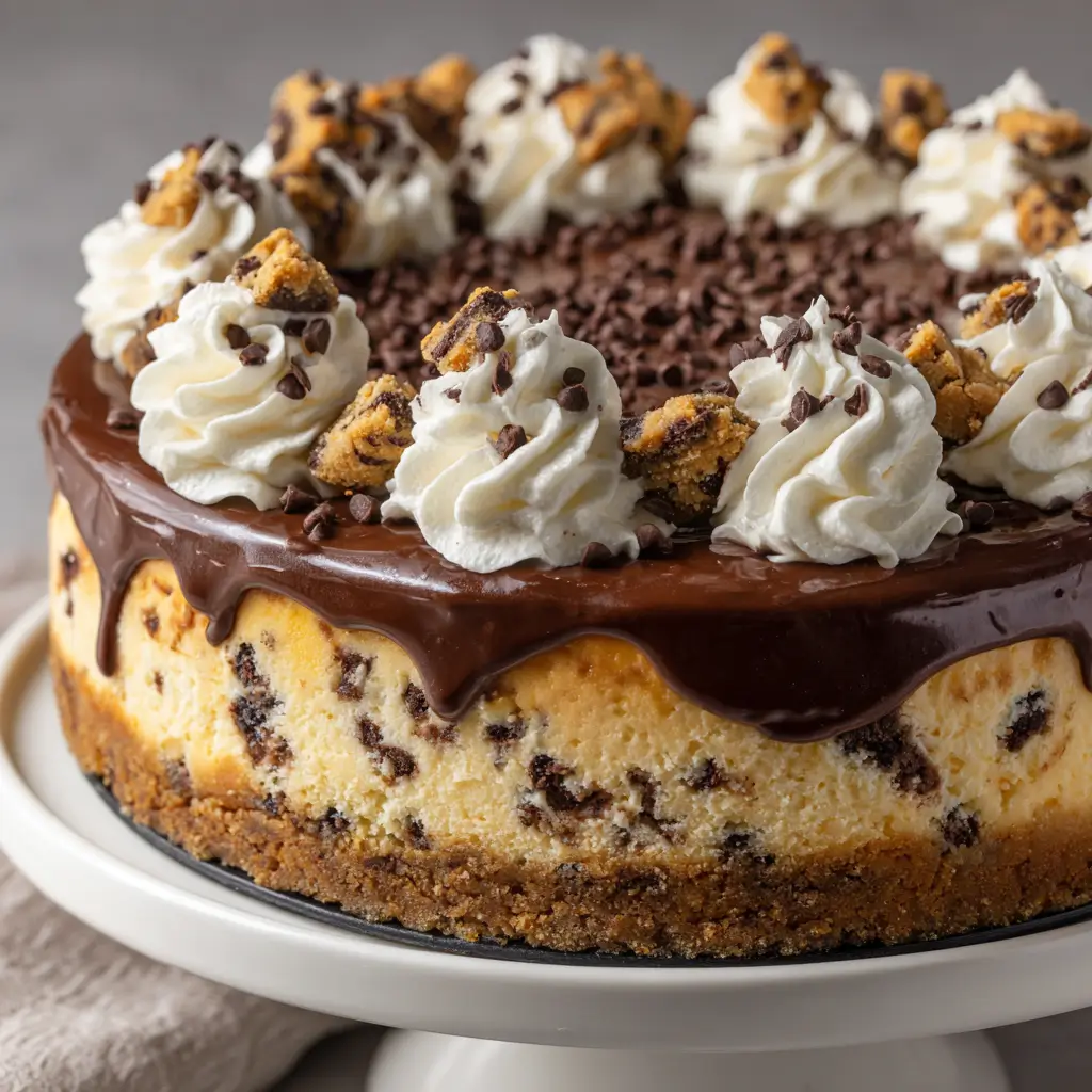 Whole cookie dough cheesecake topped with thick chocolate ganache, piped whipped cream swirls, cookie dough chunks, and mini chocolate chips, set on a cake stand.