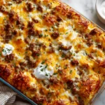 Cheesy sausage breakfast casserole topped with golden hash browns and sour cream in a glass dish