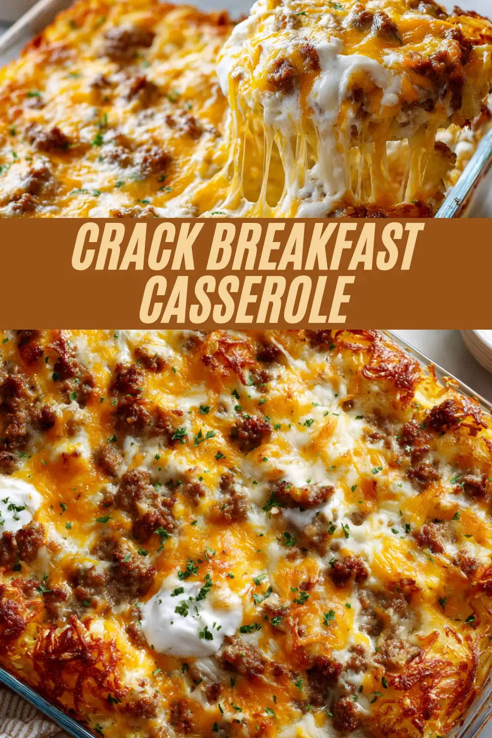 Extra cheesy breakfast casserole with sausage, hash browns, and sour cream in a glass baking dish