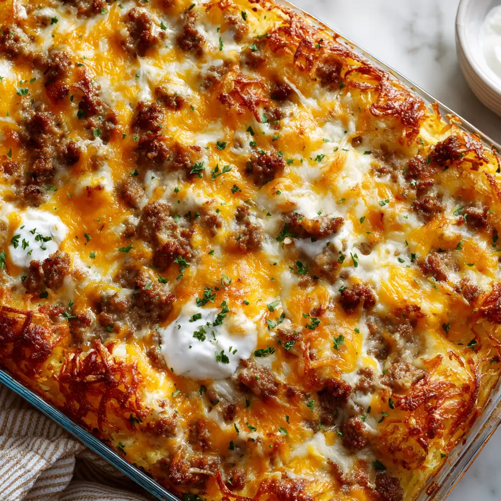 Cheesy sausage breakfast casserole topped with golden hash browns and sour cream in a glass dish