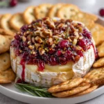 Baked brie topped with cranberry sauce, pecans, and orange zest, served with crackers