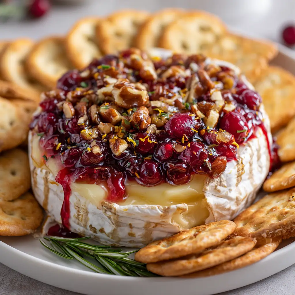 Baked brie topped with cranberry sauce, pecans, and orange zest, served with crackers
