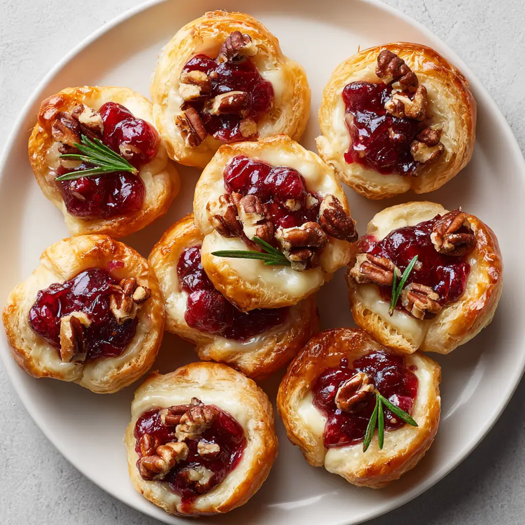 Puff pastry bites topped with melted brie, cranberry sauce, chopped pecans, and rosemary