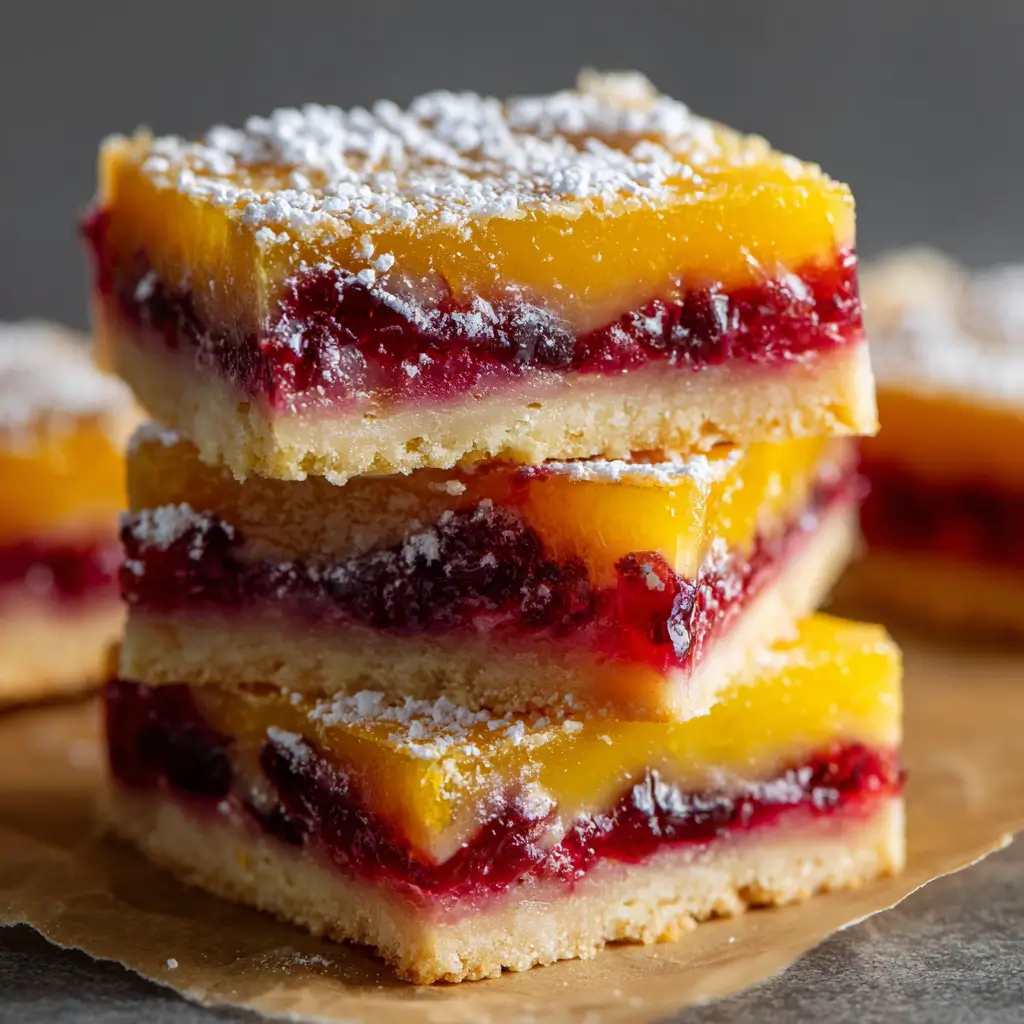 Stacked cranberry lemon bars with a dusting of powdered sugar.