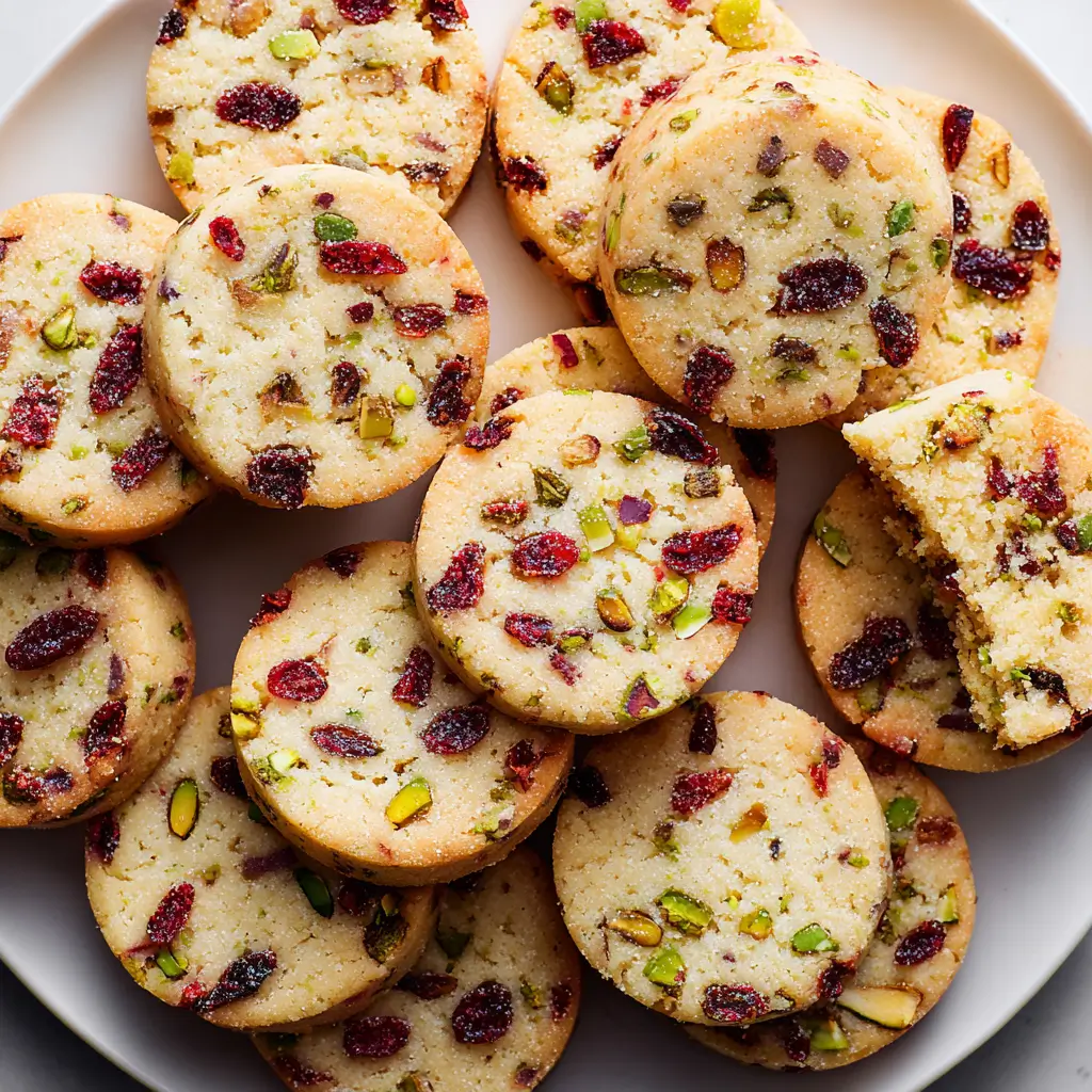 Tender shortbread cookies loaded with vibrant cranberries and chopped pistachios.