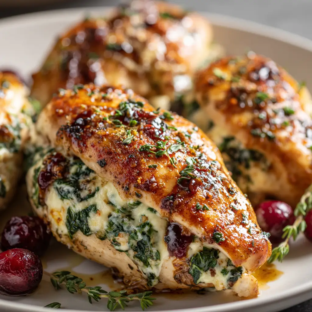 Juicy chicken breasts stuffed with creamy spinach and cranberry filling, finished with fresh herbs.