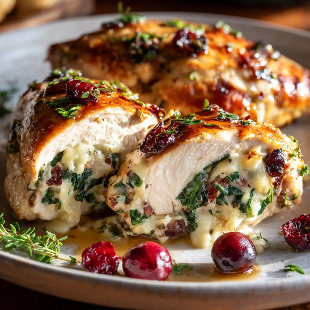Chicken breasts sliced open and stuffed with creamy spinach, melty cheese, and cranberries.