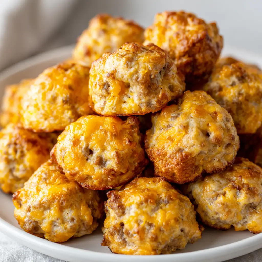 Cheesy cream cheese sausage balls baked golden and served on a white plate