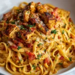 Spicy creamy Cajun chicken fettuccine with fresh herbs.