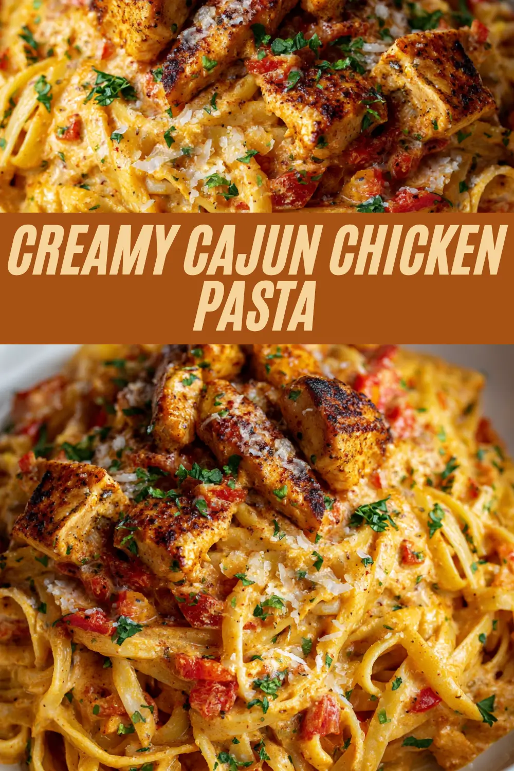 Spicy creamy Cajun fettuccine with blackened chicken and peppers.