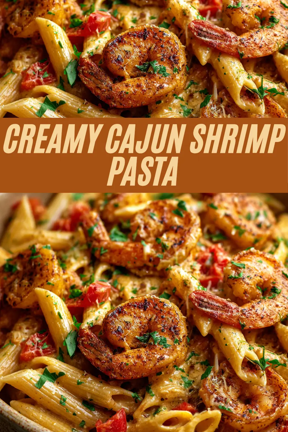 Overhead and close-up images of Cajun-seasoned shrimp and penne pasta in a creamy sauce, topped with parsley, with bold text overlay for recipe branding.