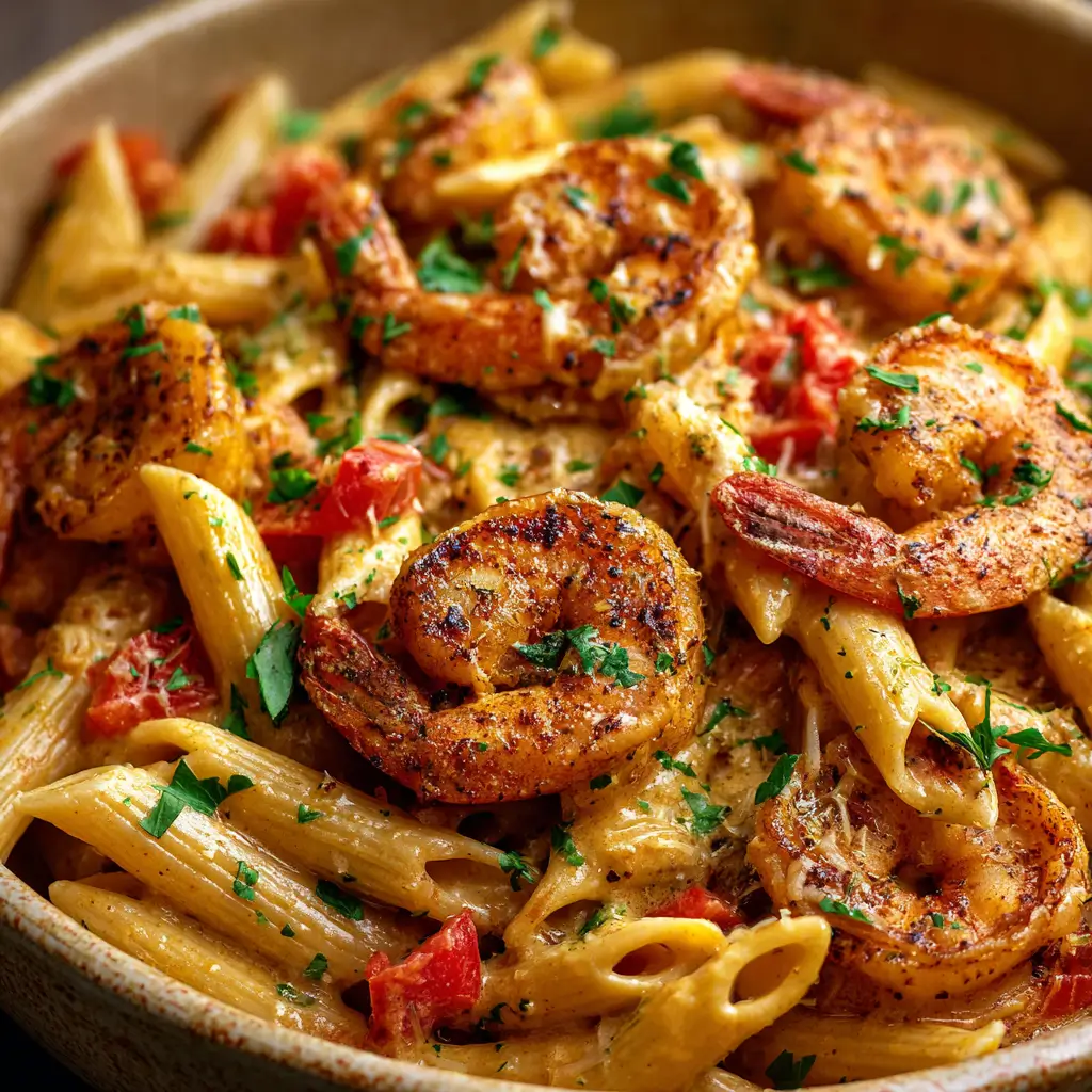 Cajun-seasoned shrimp served over creamy penne pasta with tomatoes and herbs, all coated in a rich, spiced sauce.