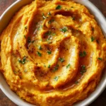 Bowl of creamy mashed sweet potatoes garnished with olive oil, black pepper, and fresh herbs