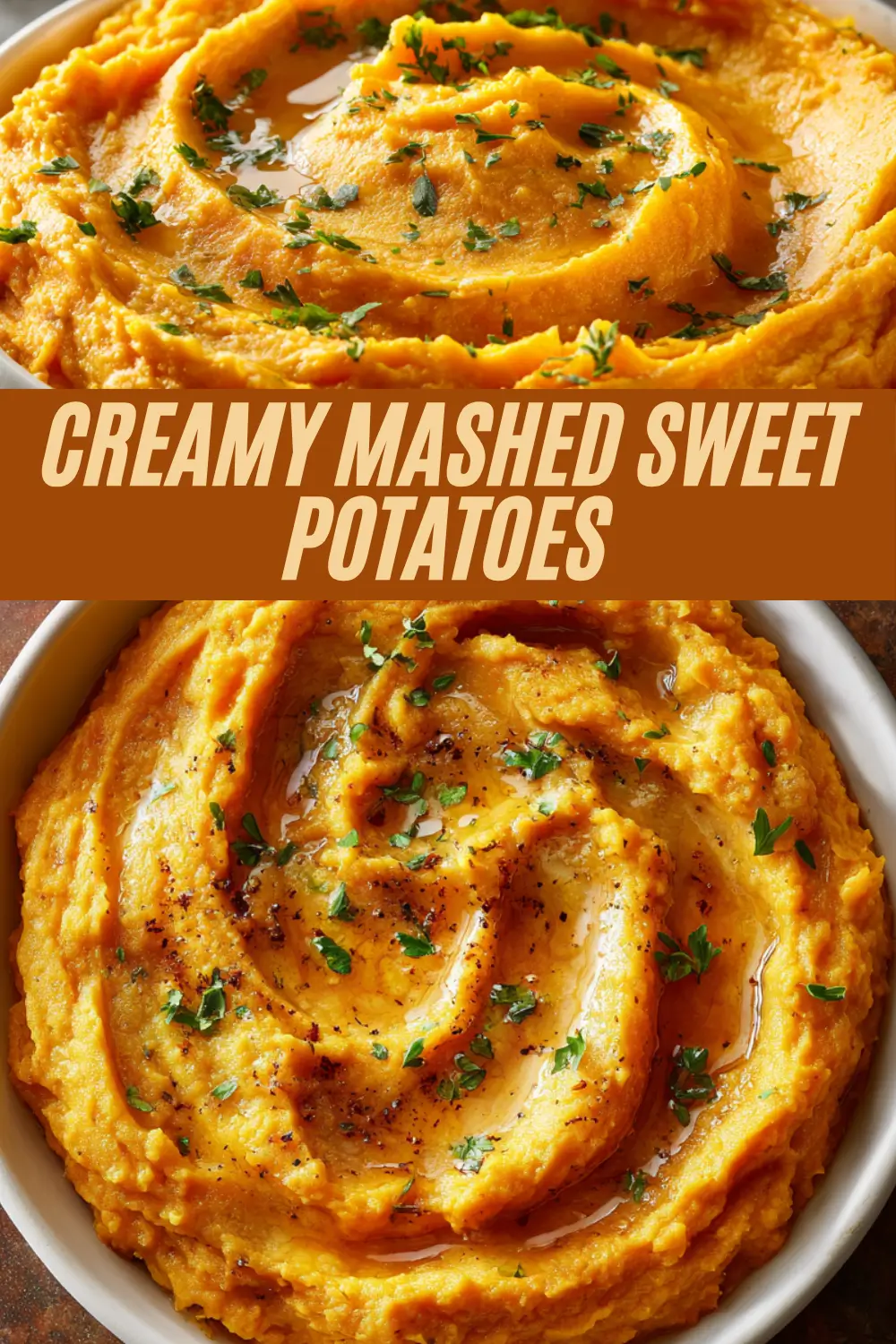 Creamy mashed sweet potatoes swirled in a bowl and topped with olive oil, black pepper, and chopped herbs