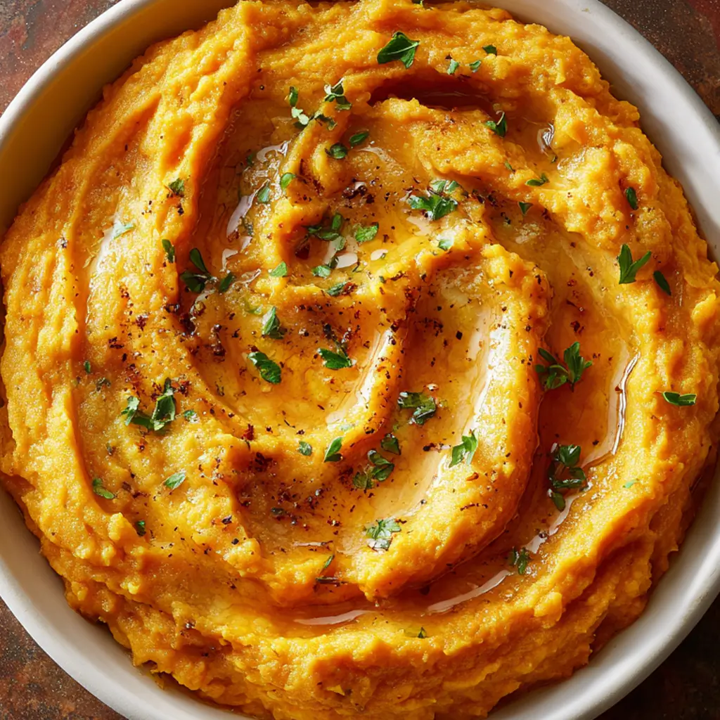 Bowl of creamy mashed sweet potatoes garnished with olive oil, black pepper, and fresh herbs