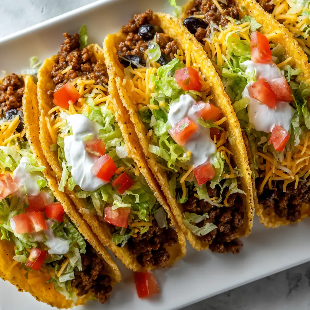 Four crispy ground beef tacos lined up on a white platter, each filled with seasoned beef, shredded lettuce, cheddar cheese, sour cream, and diced tomatoes.