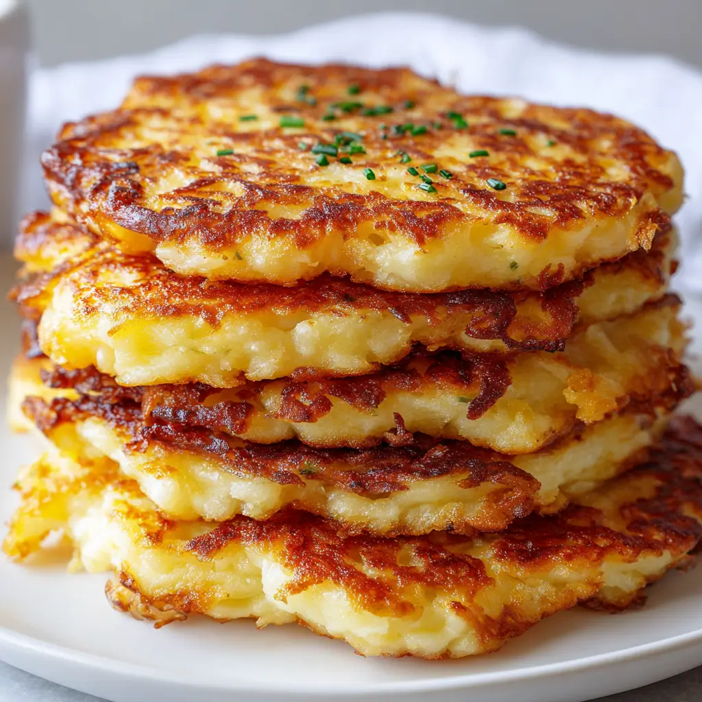 Golden brown mashed potato pancakes stacked and garnished with fresh chives