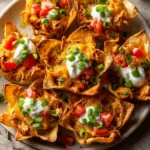 Baked crispy wonton cups filled with shredded chicken, cheese, sour cream, and scallions
