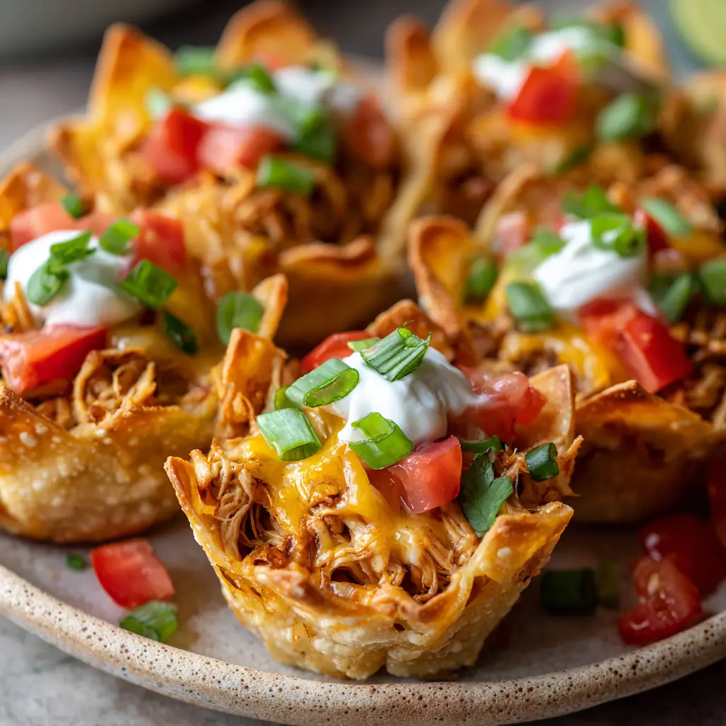 Close-up of crispy wonton cups filled with chicken, cheese, tomatoes, and green onions