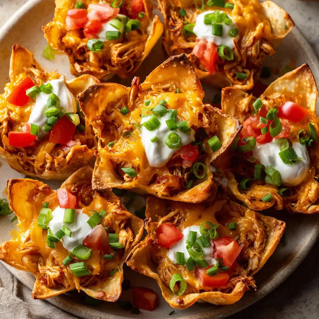 Baked crispy wonton cups filled with shredded chicken, cheese, sour cream, and scallions