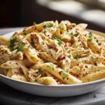 Creamy crockpot garlic parmesan chicken pasta with shredded chicken and penne.