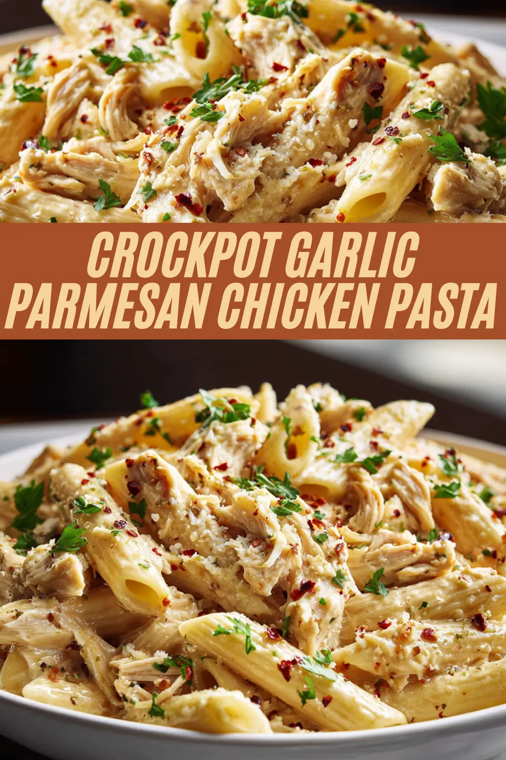 This recipe for Crockpot Garlic Parmesan Chicken Pasta delivers creamy pasta tossed with shredded chicken and parmesan.