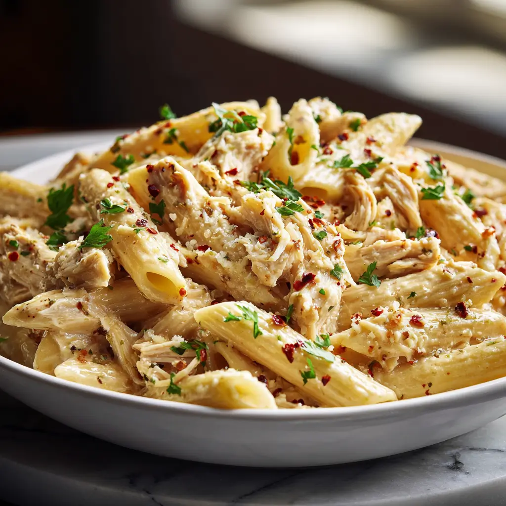 Creamy crockpot garlic parmesan chicken pasta with shredded chicken and penne.