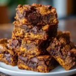 Stack of rich dark chocolate sweet potato blondies with gooey centers and chocolate chunks on a white plate