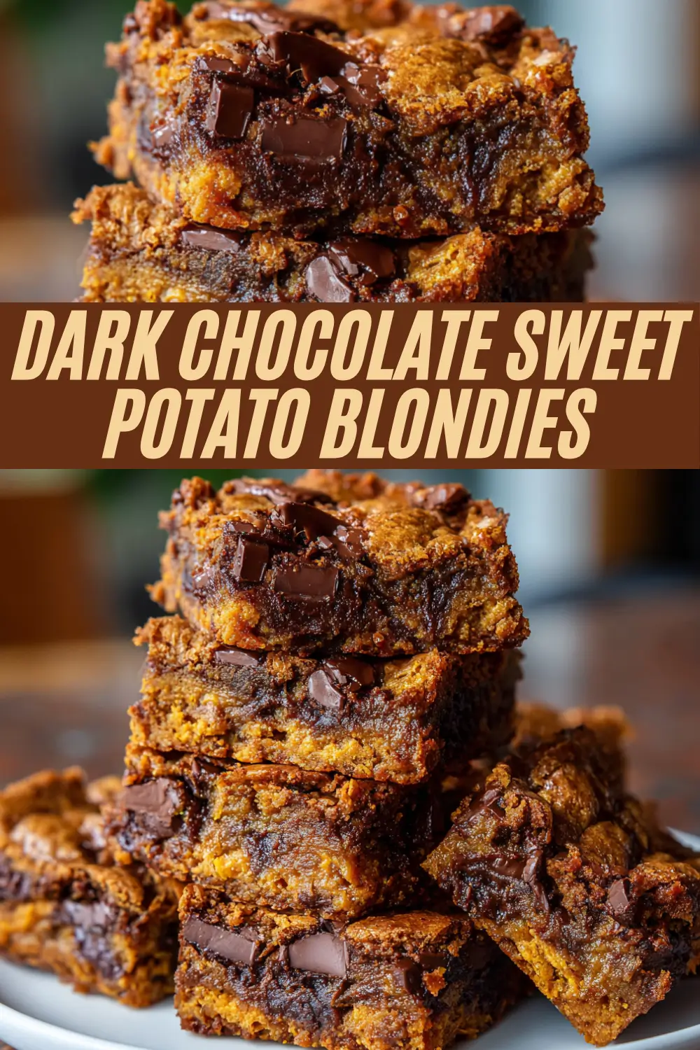 Stacked dark chocolate sweet potato blondies with gooey centers and large chocolate chunks on a white plate