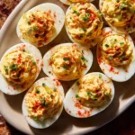 Classic deviled eggs garnished with paprika and fresh chopped chives arranged on a plate