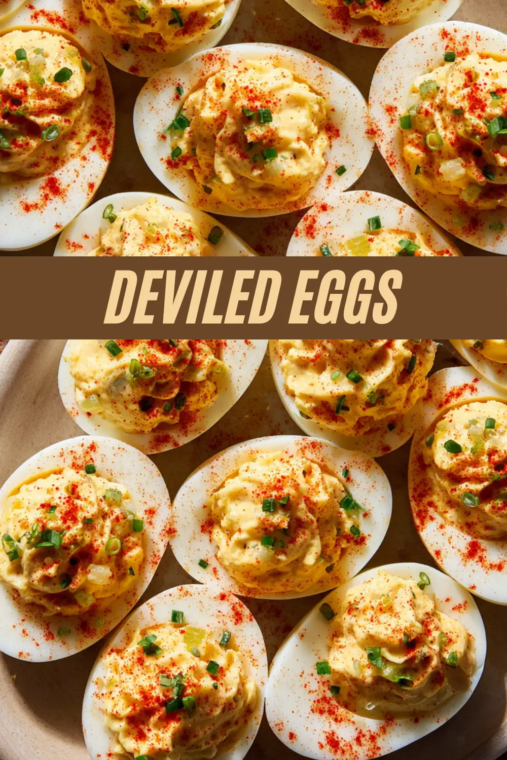 Creamy deviled eggs topped with paprika and chopped chives displayed on a serving platter for appetizers