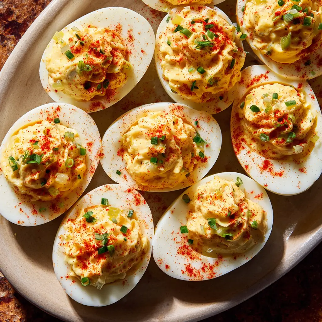 Classic deviled eggs garnished with paprika and fresh chopped chives arranged on a plate