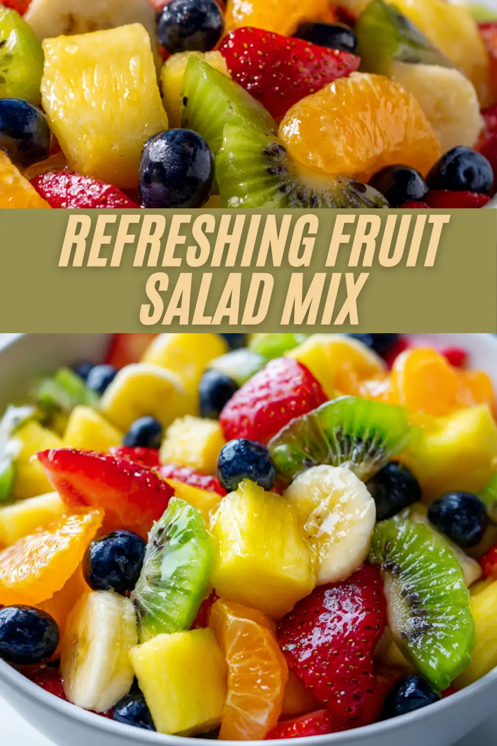 Colorful fruit salad mix with pineapple, kiwi, strawberries, blueberries, banana, and orange segments