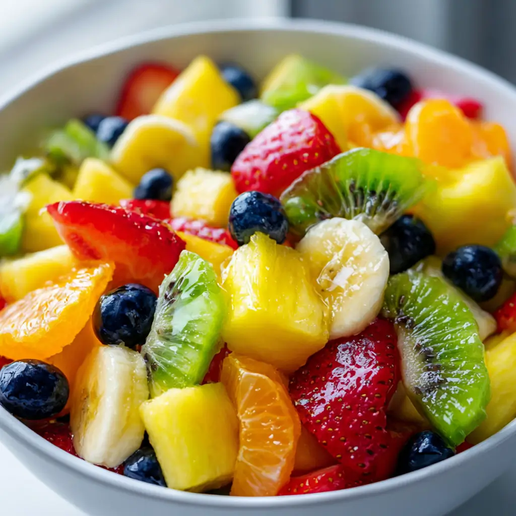 Colorful fruit salad with strawberries, pineapple, blueberries, kiwi, orange, and banana in a white bowl