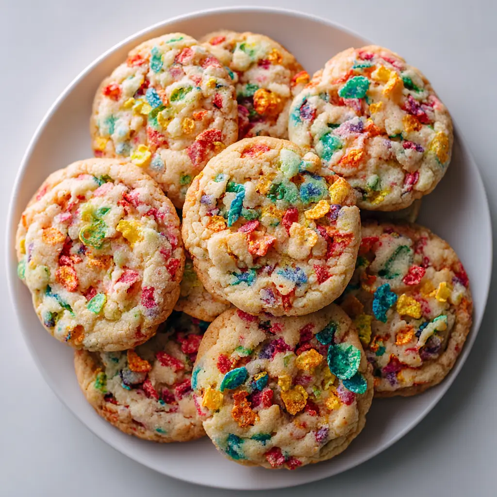 Fruity Pebbles cookies piled on a white plate, showcasing their colorful cereal pieces.
